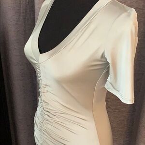 Style Rack light olive fitted minidress, silky bodycon metallic dress sz Small